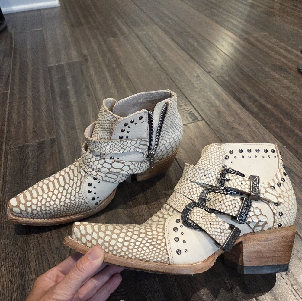 Freebird Cream and Brown Ankle Booties with Vintage Detailing